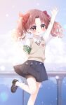  1girl :p arm_up armband bike_shorts bike_shorts_under_skirt black_shoes blue_skirt blush bow brown_eyes brown_hair brown_sweater_vest chinese_commentary closed_mouth collared_shirt commentary_request emblem foot_out_of_frame green_armband grey_skirt hair_bow hand_up highres judgement_armband_(toaru) leg_up loafers long_hair looking_at_viewer miniskirt outstretched_arm parted_bangs pleated_skirt red_bow school_emblem school_uniform shimo_shiina shirai_kuroko shirt shoes short_sleeves skirt smile socks solo standing standing_on_one_leg summer_uniform sweater_vest toaru_kagaku_no_railgun toaru_majutsu_no_index tokiwadai_school_uniform tongue tongue_out twintails v v-neck white_shirt white_socks 