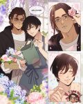  1boy 1girl apron arrow_through_heart basket black_coat black_hair blue_flower blurry blurry_foreground blush brown_hair closed_eyes coat couple dress eren_yeager eyebrow_piercing face_piercing florist flower flower_basket flower_shop gardening gloves green_eyes grey_apron grey_eyes hair_between_eyes hair_flower hair_ornament half_updo hanpetos hetero holding holding_basket holding_watering_can hood hood_down hooded_coat laughing medium_hair mikasa_ackerman off-shoulder_dress off_shoulder parted_bangs parted_lips piercing pink_flower pixie_cut purple_flower scar scar_on_cheek scar_on_face shingeki_no_kyojin shirt shop short_hair smile sparkle watering_can white_dress white_gloves white_shirt wisteria 