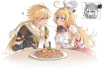  1boy 2girls absurdres aether_(genshin_impact) ahoge apron arm_armor blonde_hair blush braid brown_shirt camera charlotte_(genshin_impact) chef_hat chibi commentary couple cowlick eating english_commentary english_text escoffier_(genshin_impact) food fork fork_hair_ornament genshin_impact hair_ornament hat heart heart_in_eye hetero highres holding holding_camera holding_fork imminent_kiss long_hair low-braided_long_hair low-tied_long_hair multiple_girls pasta pinksis plate scarf shirt simple_background single_braid spaghetti spoken_heart surprised sweat symbol_in_eye table twitter_username white_apron white_background white_hat white_scarf wrist_cuffs yellow_eyes 
