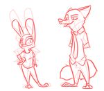  2017 anthro bluedouble canine clothed clothing disney duo eye_contact female fox hand_on_hip hands_behind_back judy_hopps lagomorph male mammal monochrome nick_wilde rabbit red_and_white simple_background sketch standing white_background zootopia 