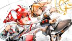  2girls a.i._voice adachi_rei ahoge armband black_pantyhose blush bow buttons cardiogram double-parted_bangs drill_hair energy_beam finger_gun firing grey_jacket grey_skirt hair_between_eyes headlamp highres jacket kasane_teto kasane_teto_(sv) long_sleeves mp777b multiple_girls one_eye_closed orange_armband orange_eyes orange_hair orange_trim pantyhose pointing radio_antenna red_eyes red_hair red_trim shoelaces shoes shoulder_belt shoulder_boards skirt sleeve_cuffs sneakers synthesizer_v thrusters twin_drills utau white_background white_bow white_jacket white_shoes 