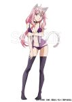  1girl adjusting_clothes adjusting_legwear animal_ears artist_request babydoll bell black_bow black_collar black_thighhighs bow bow_panties breasts cat_ears cat_tail closed_mouth collar collarbone copyright_name copyright_notice fake_animal_ears fake_tail full_body groin hair_between_eyes hand_on_own_arm highres horns leaning_forward lingerie long_hair looking_at_viewer medium_breasts merchandise_available navel neck_bell official_alternate_costume official_art oni open_clothes panties pink_eyes pink_hair purple_babydoll purple_panties purple_thighhighs sample_watermark second-party_source shuna_(tensura) sideboob simple_background smile solo standing tail tensei_shitara_slime_datta_ken thighhighs underwear very_long_hair watermark white_background white_horns white_tail 