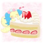  &lt;3 blue_fur cake canine cute dog fluffy fluffy_tail food fruit fur jewelpet long_ears mammal sanrio sapphie_(jewelpet) simple_background strawberry strawberry_shortcake_(food) tailwag yellow_fur 秋服えのきつね 