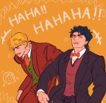  2boys black_hair blonde_hair closed_eyes commentary_request dio_brando ear_birthmark jojo_no_kimyou_na_bouken jonathan_joestar laughing male_focus multiple_boys open_mouth phantom_blood ponpokojojo0923 short_hair smile suit yellow_background 