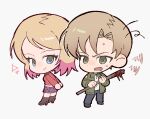  1boy 1girl animal_print arms_behind_back black_shoes blonde_hair blood blood_on_weapon blue_eyes blue_pants breasts chibi chibi_only closed_mouth colored_tips furrowed_brow green_eyes green_jacket haejeo1008 highres holding holding_lead_pipe jacket james_sunderland lead_pipe leopard_print maria_(silent_hill) medium_breasts medium_hair messy_hair midriff multicolored_hair open_mouth pants parted_bangs pink_hair print_skirt purple_skirt red_jacket shirt shoes short_hair silent_hill_(series) silent_hill_2 skirt smile sweatdrop swept_bangs weapon white_shirt 