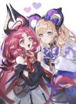  2girls :3 arknights arknights:_endfield blonde_hair blue_gloves blush closed_mouth commentary_request earrings gloves heart heart_hands heart_hands_duo highres horns in-franchise_crossover intertwined_tails jewelry liino_(arknights) long_hair long_sleeves looking_at_viewer multiple_girls nymph_(arknights) open_mouth partially_fingerless_gloves pimi pink_eyes pink_hair pointy_ears purple_eyes star-shaped_pupils star_(symbol) symbol-shaped_pupils tail upper_body 