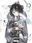  ahoge animal_ear_headphones animal_ears arm_belt art_program_in_frame asymmetrical_sleeves bare_shoulders bat_wings belt belt_collar black_choker black_hair black_sweater bound cat_ear_headphones cat_ears choker collar commentary_request cross-laced_clothes cross-laced_dress dress eyeball_hair_ornament fake_animal_ears hair_over_one_eye headphones highres iiqmna layered_dress long_sleeves looking_at_viewer mahou_shoujo_no_majo_saiban multicolored_hair off-shoulder_sweater off_shoulder open_mouth orange_eyes orange_streaks own_hands_together sawatari_coco shirt short_hair skirt skull streaked_hair striped_sleeves stuffed_animal stuffed_cat stuffed_toy sweater tied_up_(nonsexual) white_background white_shirt white_skirt wings 
