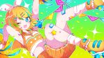  +_+ 1girl absurdres alternate_costume armpits blonde_hair blue_eyes bow breasts cheerleader commentary_request confetti fang hair_bow hair_ornament hairclip highres holding holding_pom_poms kagamine_rin legs_up looking_at_viewer lying midriff mitau navel on_back open_mouth orange_sailor_collar orange_shirt orange_shoes parallel_hairclips pleated_skirt pom_pom_(cheerleading) sailor_collar shirt shoes short_hair skin_fang skirt sleeveless sleeveless_shirt small_breasts sneakers socks star_(symbol) star_sticker sticker sticker_on_leg thighs two-tone_shirt vocaloid whistle whistle_around_neck white_bow white_socks white_trim 