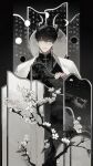  1boy black_eyes black_shirt chinese_clothes chinese_text commentary demon_king_of_salvation earrings flower highres jacket jewelry kim_dokja male_focus omniscient_reader's_viewpoint shirt single_earring solo tassel tassel_earrings tokitokiee tree untranslatable_commentary white_flower white_jacket 