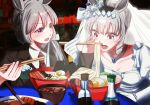  2girls ahoge animal_ears black_jacket blue_eyes blush bowl braid breasts bridal_veil bride char_siu chopsticks collarbone collared_shirt commentary_request dog_for_amami dress ear_flower ear_ornament fang food gloves grey_hair hair_between_eyes hair_bun hair_ornament holding holding_chopsticks horse_ears horse_girl jacket jewelry korean_commentary long_hair long_sleeves multicolored_hair multiple_girls necklace necktie noodles oguri_cap_(umamusume) open_mouth ramen red_necktie shirt softboiled_egg soy_sauce soy_sauce_bottle tamamo_cross_(umamusume) teeth umamusume veil wedding wedding_dress white_gloves white_shirt wife_and_wife 