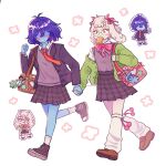  2others alternate_costume animal_ears badge bag bag_charm black_jacket black_shoes blazer blush_stickers bow bowtie bread bread_slice brown_bag brown_shoes button_badge cardigan character_charm charm_(object) commentary deltarune english_commentary food food_in_mouth furry genderfluid_flag glasses goat_ears green-framed_eyewear green_cardigan grey_skirt grey_sweater_vest highres holding_hands horn_ornament horn_ribbon horns jacket jumisteria kris_(dark_world)_(deltarune) kris_(deltarune) kris_(school_uniform)_(deltarune) kris_(susiezilla)_(deltarune) leg_warmers mouth_hold multiple_others necktie non-binary_flag official_alternate_costume open_cardigan open_clothes open_jacket pink_bag pink_bow pink_bowtie pink_eyes pink_horns pink_ribbon plaid_clothes plaid_skirt pointing ralsei ralsei_(susiezilla) red_necktie ribbon round_eyewear school_uniform shirt shoes short_hair shoulder_bag signature skirt sweater_vest toast toast_in_mouth utdr_(toby_fox) white_leg_warmers white_shirt 
