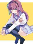  1girl akayama_yukihe alternate_hair_length_(longer) angel_beats! black_hairband black_thighhighs blue_sailor_collar blue_skirt blunt_bangs blush bow closed_mouth commentary emblem eyes_visible_through_hair frown green_bow green_eyes hair_bow hairband highres interlocked_fingers long_hair long_sleeves looking_at_viewer miniskirt nakamura_yuri neckerchief no_shoes own_hands_together panties pink_neckerchief pleated_skirt purple_hair sailor_collar sailor_shirt school_uniform serafuku shinda_sekai_sensen_uniform shirt sidelocks simple_background sitting skirt solo thighhighs tsurime underwear v_arms white_panties white_shirt yellow_background 
