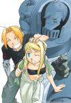  1girl 2boys ahoge alphonse_elric apron arakawa_hiromu armor artist_name bandana bandeau bare_shoulders black_bandeau black_shirt blonde_hair blue_eyes braid breasts brown_jumpsuit cargo_pants closed_eyes collarbone company_name cover cover_page dated earrings edward_elric full_armor fullmetal_alchemist green_bandana grey_pants highres holding_bandana horns jewelry jumpsuit jumpsuit_around_waist leaning_on_person looking_at_viewer medium_breasts medium_hair midriff multiple_boys navel novel_cover official_art one_eye_closed pants pauldrons piercing pointing pointing_at_viewer ponytail prosthesis prosthetic_arm red_eyes shirt short_sleeves shoulder_armor shoulder_spikes sidelocks single_braid smile spikes square_enix strapless t-shirt teeth textless_version vambraces white_apron winry_rockbell 
