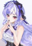  1girl absurdres ascot bare_shoulders black_nails bow bowtie breasts center_frills closed_mouth commentary drill_hair frills hair_bow hands_up highres large_breasts long_hair mole mole_under_eye own_hands_together pointy_ears purple_ascot purple_background purple_bow purple_bowtie purple_hair red_eyes shirt simple_background solo tanjwi upper_body vivian_banshee white_shirt zenless_zone_zero 
