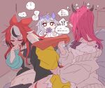  !? 3girls animal_ears black_hair black_horns black_shirt black_streaks blush brown_cardigan cardigan clock commentary grey_hair hakos_baelz highres hololive hololive_english horns irys_(casualrys)_(hololive) irys_(hololive) jacket koseki_bijou long_hair long_sleeves looking_at_another mouse_ears mouse_girl mouse_tail multicolored_hair multiple_girls o_o pink_hair ramphastostella red_hair ruining_the_glorious_moment shirt speech_bubble streaked_hair sweat tail translation_request very_sweaty virtual_youtuber white_hair yellow_jacket yuri 