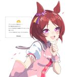  1girl animal_ears ascot babie blush breasts brown_hair commentary_request flower-shaped_pupils flower_in_eye highres horse_ears horse_girl looking_at_viewer open_mouth pink_ascot pink_eyes pink_vest pink_wrist_cuffs puffy_short_sleeves puffy_sleeves purple_eyes sakura_laurel_(saisir_le_reve)_(umamusume) sakura_laurel_(umamusume) shirt short_hair short_sleeves smile solo symbol-shaped_pupils symbol_in_eye umamusume vest wrist_cuffs 