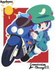  1girl absurdres backpack bag blue_bag blue_boots blue_dress blue_eyes blue_hair boots commentary commission commissioner_name derbruhniko dress english_commentary full_body green_hat hair_bobbles hair_ornament hat highres kawasaki_(company) kawashiro_nitori long_sleeves looking_to_the_side motor_vehicle motorcycle on_motorcycle open_mouth outline riding riding_motorcycle smile socks solo sun touhou triangle_mouth two_side_up white_outline white_socks 