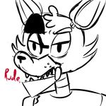  2015 animatronic anthro canine dialogue english_text eye_patch eyewear five_nights_at_freddy&#039;s fox foxy_(fnaf) inkyfrog machine male mammal reaction_image restricted_palette robot simple_background solo text video_games white_background 