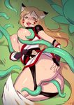  animal_humanoid animal_tail blonde_hair breasts butt clothed clothing female green_eyes hair humanoid open_mouth optionaltypo tentacles undressing 
