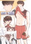  1boy abs basketball_jersey basketball_uniform blush bottle brown_eyes brown_hair caleb_(love_and_deepspace) chibi chinese_text clothes_lift commentary_request cowboy_shot hetero highres holding holding_bottle long_hair looking_at_another love_and_deepspace male_focus midriff multiple_girls muscular muscular_male one_eye_closed ponytail protagonist_(love_and_deepspace) purple_eyes red_shorts shirt_lift short_hair shorts smile sportswear wiping_sweat yueying_vmai 