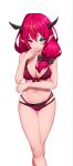  1girl bikini black_bikini black_horns blue_eyes bow breasts commentary cowboy_shot double_bikini front-tie_bikini_top front-tie_top hair_bow hair_over_shoulder hand_up heterochromia highleg highleg_bikini highres hololive hololive_english horns irys_(hololive) irys_(holonatsu_paradise)_(hololive) long_pointy_ears low_side_ponytail multi-strapped_bikini_bottom multicolored_hair navel o-ring o-ring_bikini official_alternate_costume pink_eyes pointy_ears purple_bikini purple_hair red_streaks side_ponytail simple_background skaarl_(artist) solo star-shaped_pupils star_(symbol) stomach streaked_hair swimsuit symbol-shaped_pupils untranslatable_commentary virtual_youtuber white_background 