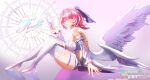  1girl absurdres artist_name breasts character_name commentary crossed_legs detached_sleeves dress english_commentary feathered_wings feathers ferris_wheel from_side high_heels highres holding holding_feather large_breasts looking_at_viewer medium_hair pink_hair purple_eyes remielle_dan sitting smile solo thighhighs thighs white_dress white_feathers white_thighhighs white_wings wholri_lim wings zenless_zone_zero 