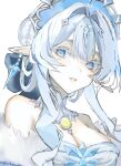  1girl anastasya_feodorovna_snezhnaya bare_shoulders black_bow blue_eyes blue_gem blue_hair blue_robe bow breasts circlet cleavage clv0q collarbone cross-shaped_pupils dress earrings eyelashes fur-trimmed_robe fur_trim gem genshin_impact hair_between_eyes hair_bow hair_bun highres jewelry kokoshnik large_bow large_breasts lips looking_at_viewer multicolored_hair pendant pointy_ears robe royal_robe short_hair sidelocks simple_background smile snowflake_pupils solo strapless strapless_dress symbol-shaped_pupils teeth two-tone_hair white_background white_dress white_hair yellow_gem 