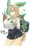  1girl absurdres ahoge animal_ears ass_peek bag bag_charm black_bag blonde_hair blunt_bangs blush breasts brown_eyes brown_hands character_name charm_(object) chest_fur cleavage collared_shirt commentary cowboy_shot cup disposable_cup drinking_straw furry furry_female green_scrunchie grin gyaru hair_ornament hair_over_one_eye hair_scrunchie hairclip hands_up high-waist_skirt highres holding holding_bag holding_cup inward_v kogal large_breasts leafeon long_hair miniskirt nest_ball personification pleated_skirt poke_ball pokemon school_bag scrunchie shirt shirt_tucked_in simple_background skirt sleeves_rolled_up smile solo standing tail teeth thick_thighs thighs togetoge untranslatable_commentary unusual_ahoge v very_long_hair white_background white_shirt x_hair_ornament 