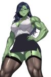  1girl absurdres black_hair black_skirt black_thighhighs breasts cleavage colored_skin commentary curtained_hair earrings english_commentary eyelashes fingernails from_below garter_straps green-framed_eyewear green_eyes green_lips green_skin hand_on_own_hip hand_on_own_thigh highres jewelry large_breasts long_fingernails long_hair marvel muscular muscular_female necklace panties parted_lips pencil_skirt she-hulk shirt simple_background skirt sleeveless sleeveless_shirt smile solo teeth thick_thighs thighhighs thighs tsu.toxine underwear white_background white_panties white_shirt 