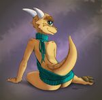  2017 anthro butt clothed clothing dayelyte ecmajor female green_eyes horn kobold looking_at_viewer scalie simple_background sitting smile solo virgin_killer_sweater 