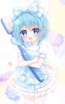  1girl :d apron back_bow bare_arms blue_apron blue_bow blue_eyes blue_hair blue_hairband blush bow bow_apron bow_hairband buttons candy chinese_commentary collared_dress commentary_request cowboy_shot dot_nose dress eyelashes eyes_visible_through_hair food frilled_apron frilled_dress frills hair_bow hair_ornament hairband hairclip happy heart high_collar highres holding holding_toothbrush hugging_object large_bow light_blush looking_at_viewer mahou_shoujo_madoka_magica mahou_shoujo_madoka_magica_plus miki_sayaka official_alternate_costume open_mouth oversized_object parallel_hairclips petals puffy_short_sleeves puffy_sleeves shimo_shiina short_dress short_hair short_sleeves sidelocks smile solo standing star_(symbol) star_symbol_background tareme toothbrush white_background white_dress 