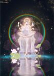  1girl absurdres blue_nails breasts brown_hair chinese_clothes commentary_request curvy dogma_zzzz dress extra_arms extra_faces extra_legs flower halo halo_behind_head hanfu highres holding holding_vase holding_whisk huge_breasts indian_style light_particles lotus lotus_leaf mature_female mudra original rainbow reflection see-through_clothes see-through_dress sitting solo spread_legs standing standing_on_liquid thick_thighs thighs veil water whisk white_dress wide_hips 