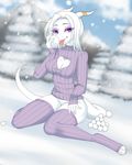  anthro birbseeds clothed clothing dragon featureless_crotch female horn kneeling looking_at_viewer miiyori outside sha&#039;ra_(fariday) smile snow solo tongue tongue_out 