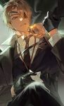  1boy absurdres baek_saheon black_gloves brown_hair commentary crossed_legs eyepatch gloves green_eyes gwechul highres lighting_cigarette male_focus sallsall_00 short_hair sitting smoking suit untranslatable_commentary 