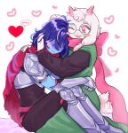  1boy 1other animal_ears armor armored_boots black_unitard blue_hair blue_skin blush_stickers boots cape colored_skin commentary deltarune fangs furry furry_male gauntlets goat_boy goat_ears goat_tail green-framed_eyewear green_robe heart highres horns hug jumisteria kris_(dark_world)_(deltarune) kris_(deltarune) mole mole_under_mouth other_with_male pink_horns pink_scarf ralsei red_cape red_soul_(utdr) robe scarf shoulder_armor soul_(utdr) speech_bubble tail tail_wagging utdr_(toby_fox) 