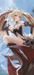  1girl absurdres axe battle_axe black_boots black_shirt blonde_hair blue_sky boots breasts claret_flint commentary detached_sleeves from_below highres holding holding_axe large_breasts long_hair looking_at_viewer mouchu multicolored_hair red_hair shirt sky thighs twintails two-tone_hair very_long_hair weapon zenless_zone_zero 