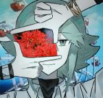  1boy aqua_eyes aqua_hair bangle blue_background bracelet closed_mouth collared_shirt commentary ferris_wheel finger_frame flower hair_flaps happy highres jewelry male_focus n_(pokemon) photo_inset pokemon pokemon_black_and_white portrait red_flower ri-ya screenshot_background shirt sidelocks smile solo spider_lily undershirt watch white_shirt wristwatch 
