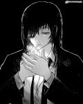  1girl black_background black_hair black_jacket black_necktie breasts chainsaw_man cleavage collared_shirt commentary eyepatch half-closed_eyes highres himeno_(chainsaw_man) jacket lighting_cigarette loose_necktie medium_breasts medium_hair necktie seveninks shirt smoking solo suit_jacket twitter_username white_shirt 