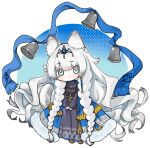  1girl :< animal_ear_fluff animal_ears arknights bell black_dress blush cape chibi commentary_request dress frown full_body fur-trimmed_cape fur_trim green_eyes highres jewelry long_sleeves necklace official_alternate_costume pramanix_(arknights) pramanix_the_prerita_(arknights) purple_ribbon ribbon simple_background snow_leopard_ears snow_leopard_girl snow_leopard_tail solo standing tail tiara user_pyfz4383 white_background 