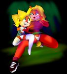  anthro bandicoot big_breasts blonde_hair breast_size_difference breasts clothing clothing_lift coco_bandicoot crash_bandicoot_(series) duo female female/female footwear fur green_eyes grope hair hand_on_breast mammal marsupial open_mouth open_smile orange_fur panties shoes size_difference skirt skirt_lift smile spread_legs spreading tawna_bandicoot underwear unknown_artist video_games 