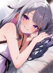  1girl akamiya_mumu bare_shoulders breasts colored_inner_hair commentary_request gem grey_hair grin highres hololive hololive_english jewel_under_eye koseki_bijou long_hair looking_at_viewer lying multicolored_hair on_bed on_side pink_hair purple_eyes small_breasts smile solo virtual_youtuber 