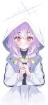  1girl atsuko_(blue_archive) blue_archive blue_halo blush braid bulletproof_vest commentary dress hair_between_eyes halo highres hood hood_up jacket looking_at_viewer low_twin_braids medium_hair purple_hair rabi9 red_eyes smile solo twin_braids white_dress white_jacket 
