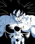  2boys alien amayuki318 angry armor bandana bardock black_background black_hair black_lips blood blood_from_mouth blood_on_chest blood_on_face blood_on_shoulder broad_shoulders broken_armor clenched_teeth collarbone commentary_request cross_scar dragon_ball dragon_ball_z facial_mark final_form_frieza frieza highres injury looking_at_viewer male_focus multiple_boys muscular muscular_male partially_colored pectorals saiyan_armor scar scar_on_cheek scar_on_face simple_background spiked_hair teeth thick_eyebrows thick_neck upper_body 