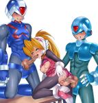  1girl 2boys ahegao armored_boots blonde_hair blue_eyes body_armor bodysuit boots bra bra_lift breasts ceijin_(rizalagoenk) ciel_(mega_man) clothes_lift clothing_aside codpiece commission commissioner_upload copy_x_(mega_man) cum cum_in_mouth cum_in_pussy double_penetration eyelashes fellatio forehead_jewel gauntlets gloves group_sex hand_on_another's_head hand_on_another's_waist hand_on_own_hip helmet high_heels highres light_blush long_bangs long_hair mechanical_ears mega_man_(series) mega_man_zero_(series) mega_man_zero_2 mmf_threesome multiple_boys non-web_source open_clothes oral panties panties_aside penis ponytail skirt skirt_lift small_breasts threesome tongue tongue_out torn_bodysuit torn_clothes transparent_background underwear vaginal x_(mega_man) 