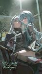  2girls :| abandoned absurdres ahoge arms_behind_back axe black_gloves black_hairband black_shirt black_shorts blood blood_on_axe blood_on_clothes blue_eyes blue_hair bon_(bony_53) boots bound bound_arms bound_legs breasts chair clenched_teeth closed_mouth commentary commission commissioner_name cross cross_necklace double-parted_bangs feet_out_of_frame gingham_clothes gingham_scarf glint gloves grey_boots grey_hair grey_jacket grey_scarf hair_between_eyes hair_intakes hair_ribbon hairband highres holding holding_axe indoors jacket jewelry left-handed light_particles long_hair long_sleeves looking_at_viewer multiple_girls necklace on_chair original overgrown parted_lips pink_eyes raised_inner_eyebrows red_ribbon ribbon scared scarf shirt shorts sitting sitting_on_person skeb_commission small_breasts straddling sweat teeth thigh_boots tied_up_(nonsexual) very_long_hair 