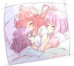  3girls absurdres ahoge blue_shirt blush chiyoda_momo closed_eyes commentary_request cuddling demon_horns highres horns hug hug_from_behind icorasama long_hair machikado_mazoku multiple_girls pink_hair pink_shirt purple_hair shirt short_hair siblings sisters sleeping twitter_username under_covers yoshida_ryouko yoshida_yuuko yuri 