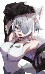  1girl :d absurdres animal_ear_fluff animal_ear_piercing animal_ears arm_up bandaid bandaid_on_face bandaid_on_nose bare_shoulders belt_collar black_gloves black_jacket black_nails bra_strap breasts claw_pose collar commentary cropped_jacket cross-shaped_pupils dot_nose elira_pendora elira_pendora_(6th_costume) english_commentary fangs fingerless_gloves fingernails fur-trimmed_jacket fur_trim gloves gradient_nails green_eyes grey_hair grey_tail hair_between_eyes hair_ornament hair_over_one_eye hairclip highres jacket jacket_partially_removed looking_at_viewer mole mole_on_armpit multicolored_hair navel nijisanji nijisanji_en off_shoulder one_eye_covered open_fly open_mouth s_mizuki666 simple_background sleeveless sleeveless_jacket smile solo streaked_hair symbol-shaped_pupils tail two-tone_hair virtual_youtuber white_background white_hair white_jacket white_streaks wolf_ears wolf_girl wolf_tail zipper 