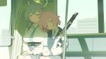  2girls abydos_high_school_logo ahoge aqua_hair aqua_necktie armband beretta_1301 blue_archive blue_armband breasts closed_eyes commentary green_halo grey_skirt gun halo highres hoshino_(blue_archive) hoshino_(first_year)_(blue_archive) large_breasts mikan_battery multiple_girls necktie pink_hair plaid_clothes plaid_skirt shirt short_hair shotgun skirt sleeping utility_vest vest weapon white_shirt yume_(blue_archive) 