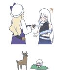  !? 2girls aiming belt black_belt black_dress blonde_hair blue_dress blush bow closed_eyes commentary commentary_typo deer dress english_commentary gradient_clothes gradient_dress grey_hair gun hair_between_eyes hat hat_bow holding holding_gun holding_weapon hunting long_hair long_hair_between_eyes long_sleeves loose_belt mob_cap multiple_girls no_noru open_mouth purple_bow purple_dress ribbon_around_body shirt shotgun simple_background sleeveless sleeveless_dress touhou turtleneck turtleneck_dress very_long_hair watatsuki_no_toyohime weapon white_background white_hat white_shirt yuiman_asama 