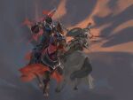  2boys a_knight_of_the_seven_kingdoms a_song_of_ice_and_fire abelar_hightower armor barding commentary crest cuirass english_commentary gorget helm helmet highres horse horseback_riding jousting lance mischeviouslittleelf multiple_boys plate_armor polearm poleyn riding shield splinter tassets tower two-tone_background valarr_targaryen weapon 